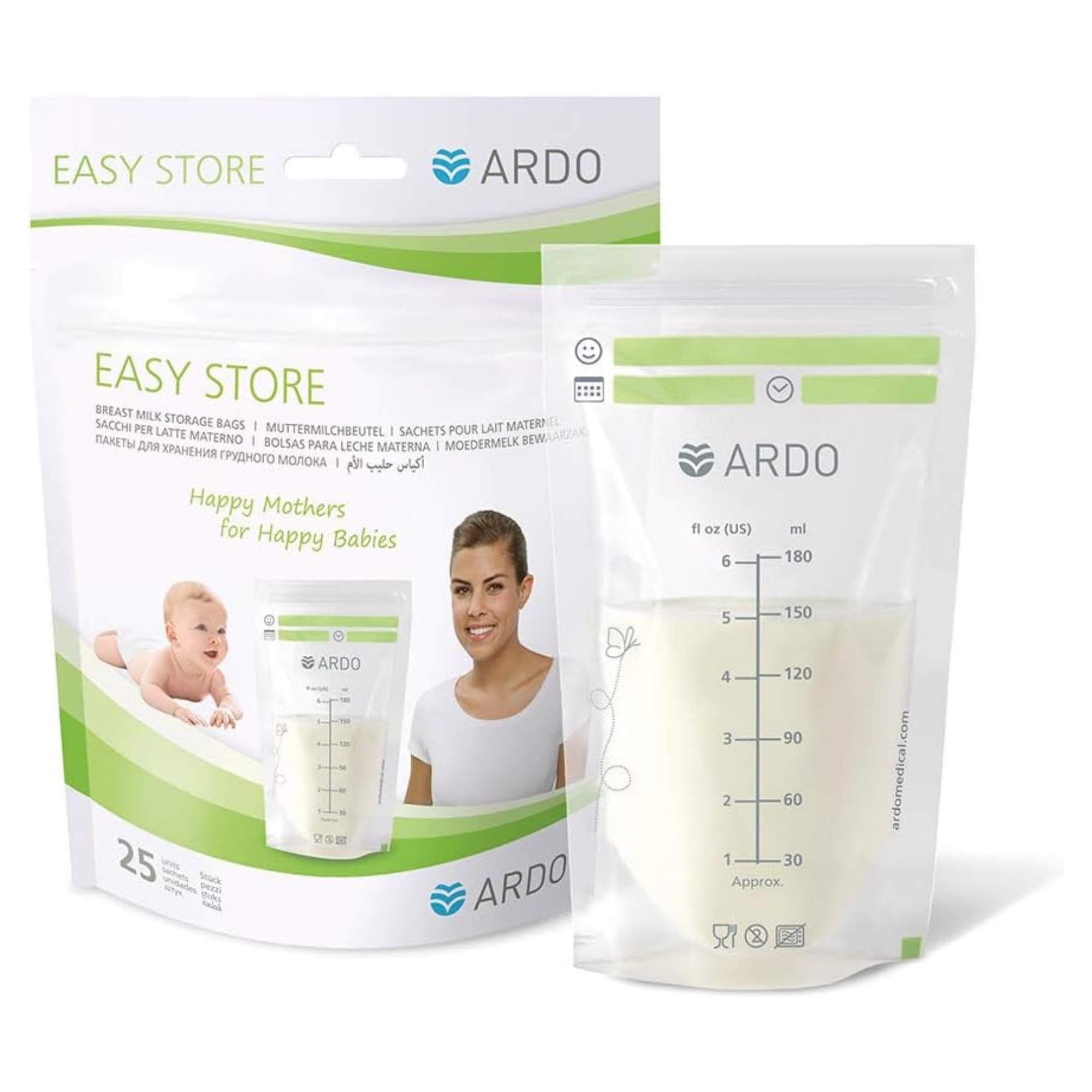 Ardo Easy Store 180ml Breast Milk Storage Bags. 25 Pre-Sterilised Disposable Pouches to Store Milk in Fridge & Freezer. BPA Free Leak Proof Breastfeeding Bags with Double Zips. (180ml, 25 Bags)