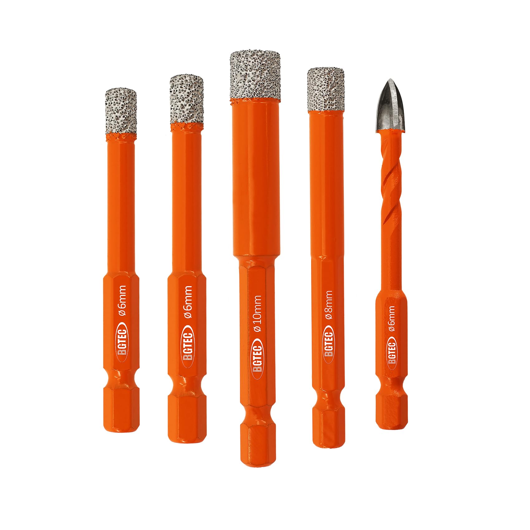 BGTEC Dry Diamond Drill Bits Set - Tile Drill Bit 6/6/8/10mm with Quick Change Hex Shank and 6mm Carbide Drill for Granite Marble Porcelain Ceramic，5pcs — image 1