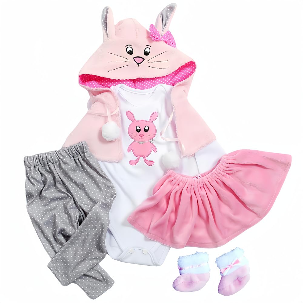 5Pcs Baby Doll Clothes Rabbit Outfit for 14-18 Inch Newborn Baby Doll, Reborn Baby Doll Clothes Accessories fit 14-18 Inch Reborn Dolls Baby Clothing with Shoes
