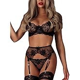 Kaei&Shi Floral Embroidered Mesh Sheer,Underwire Satin Bow,High Cut Thong,Belt Garter Lingerie
