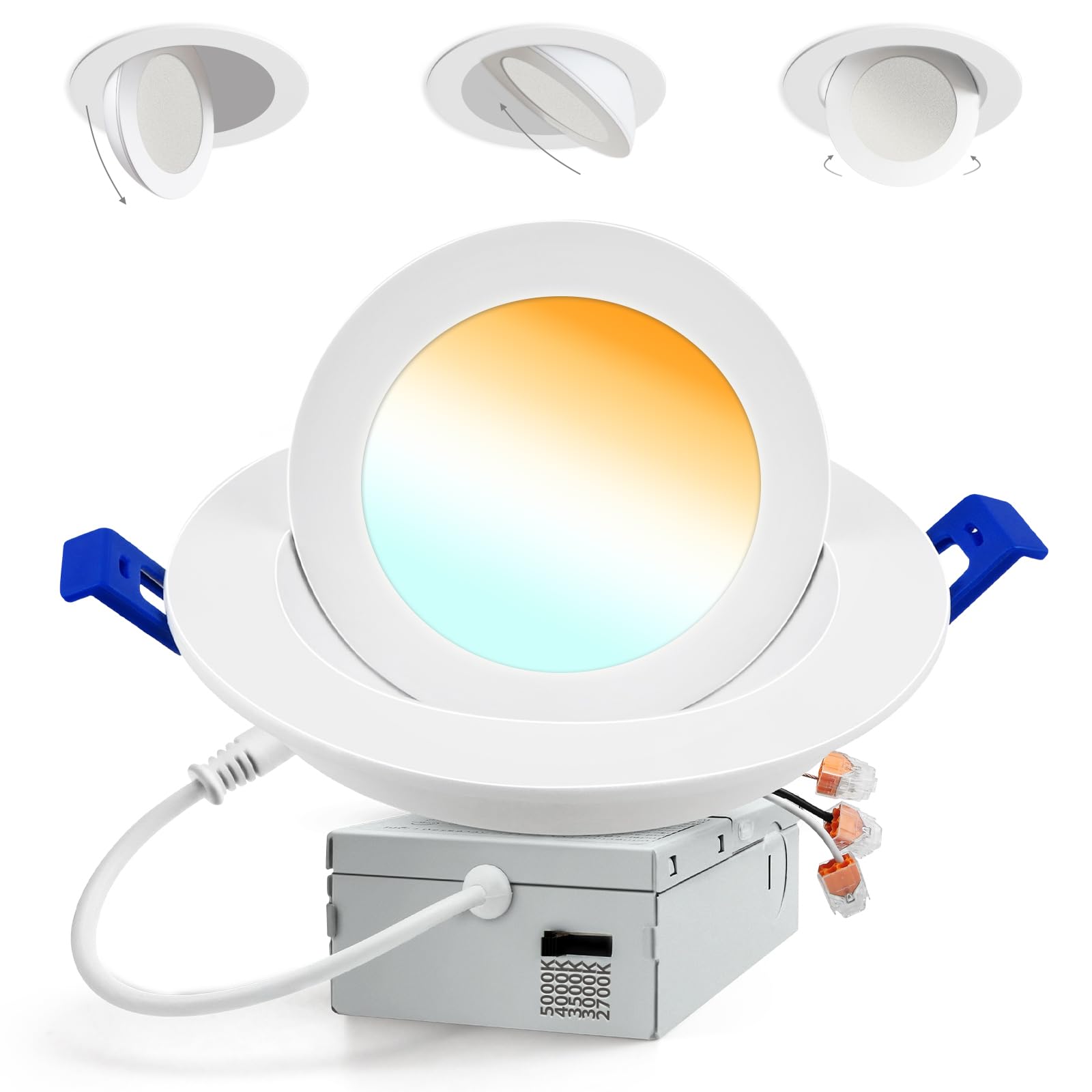 Photo 1 of Adetu 6 Inch 5CCT Gimbal Led Recessed Lighting, 360°+90° Adjustable Directional Recessed Lighting 6 inch, 2700K-5000K Dimmable Retrofit Eyeball Can Recessed Lights with Jbox, ET (White, SMD, 1 Pack)