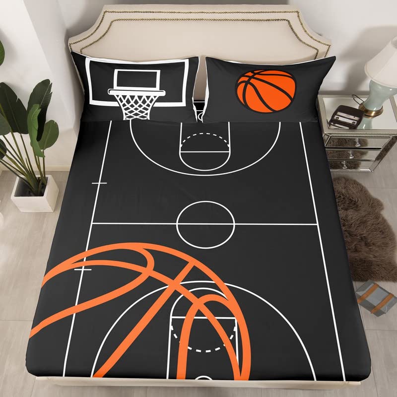 Basketball Court Print Fitted Sheet,Ball Sports Games Themed Sheet Set All-Round Elastic Deep Pocket for Girls Teens,Orange Basketball and Hoop Durable Polyester Bed Sheet(2 Pillowcases), Double Size