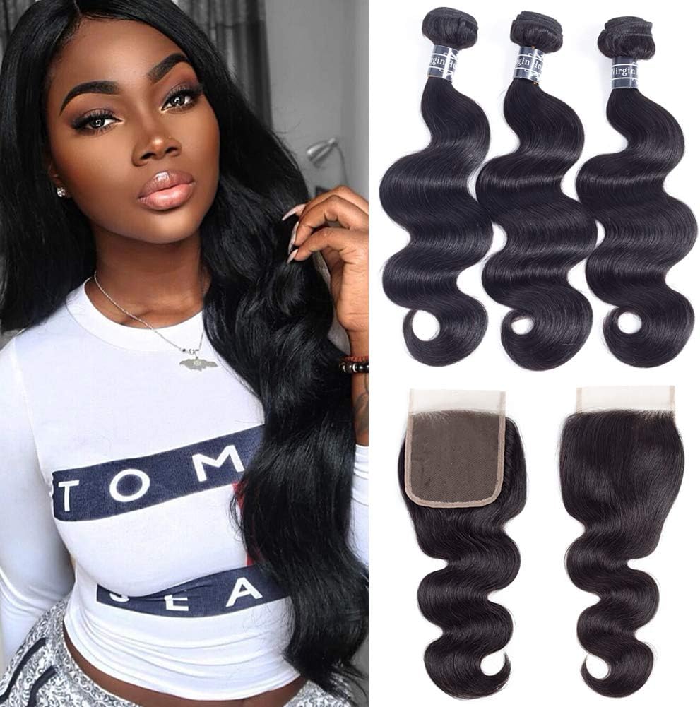 Amella Hair Brazilian Body Wave with Closure (14 16 18 +14 Closure)3 Bundles of Brazilian Hair with Free Part closure 8A Grade Unprocessed Human Hair Weaves Natural Black Color