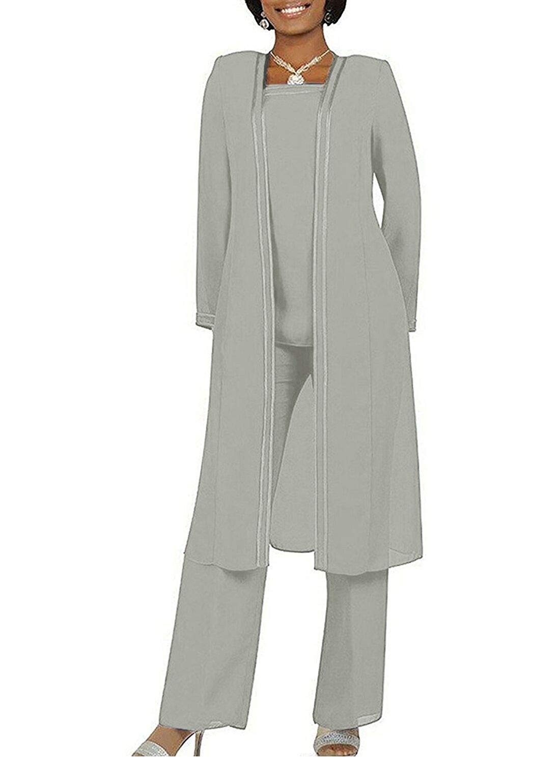 Fitty Lell Women's Chiffon Pant Suits Plus Size 3 Pieces with Long Sleeves Jacket Mother of The