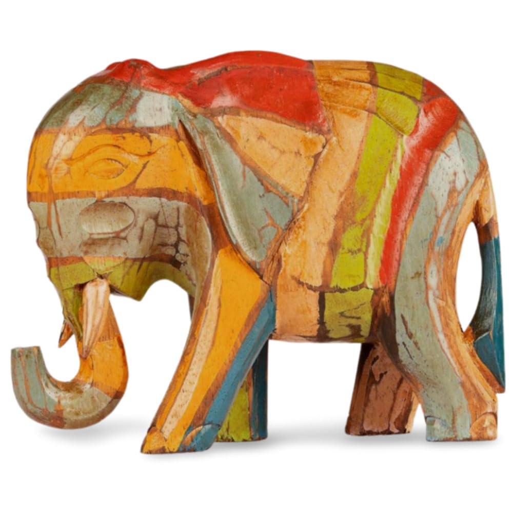 Hand Carved and Painted Wooden Elephant in a Rustic Style