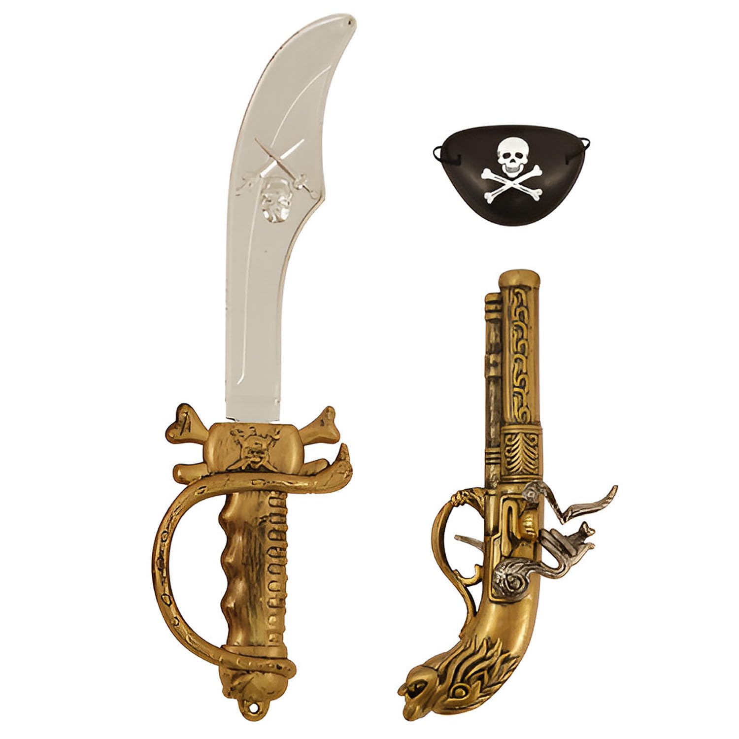 D.A.Y. Republic Kids Caribbean Pirate Fancy Dress Costume Accessory Kit for Halloween or Pirate Theme Party, Classic 38 cm Cutlass Sword, Pistol Gun and Eyepatch (3pc Set Sword, Gun, Eyepatch)