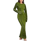 Richlylian Two Piece Skirt Set for Women Long Sleeve Pleated Crew Neck Tops and High Wasit Bodycon Maxi Skirt Sets
