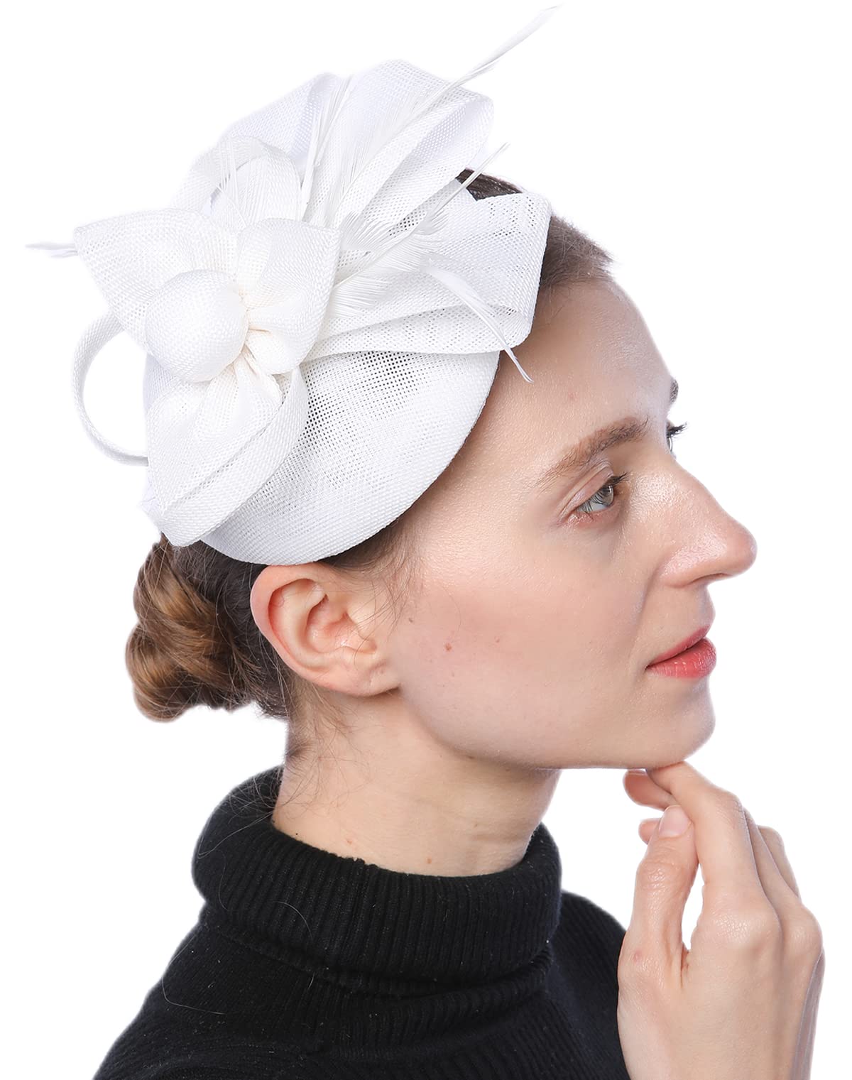 Coolwife Fascinators Pillbox Hat Sinamay Feather Flower Derby Ball Wedding Church Party Hair Clip (White)(Size: One Size)