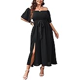 SCOMCHIC Womens Plus Size Formal Dresses Off The Shoulder Wedding Guest Cocktail A-Line Split Maxi Dress with Pockets