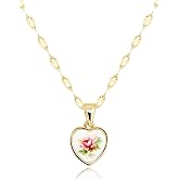 QVY Antique Heart Pendant Necklace with Mirror Chain • Vintage Red Rose Flower Acrylic Resin Pendant • Oval Link Lip Chain Je