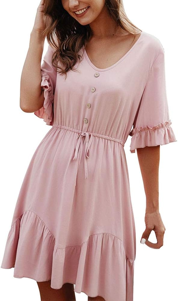 Women's Short Sleeve Mini Dress Solid Color Button Strappy Summer