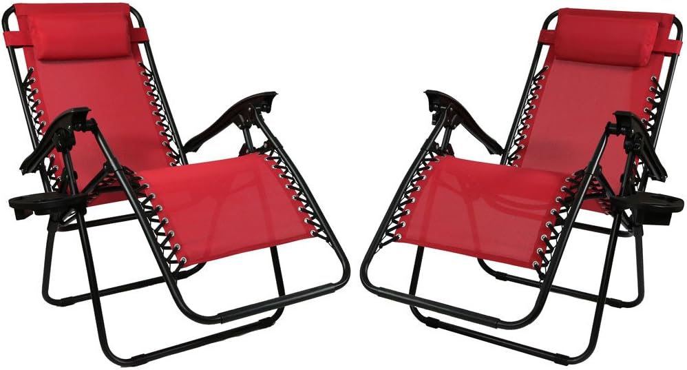 Sunnydaze Outdoor Zero Gravity Lounge Chairs with Pillow and Cup Holder Folding Patio Lawn Recliner Set of 2 Red: Kitchen & Dining