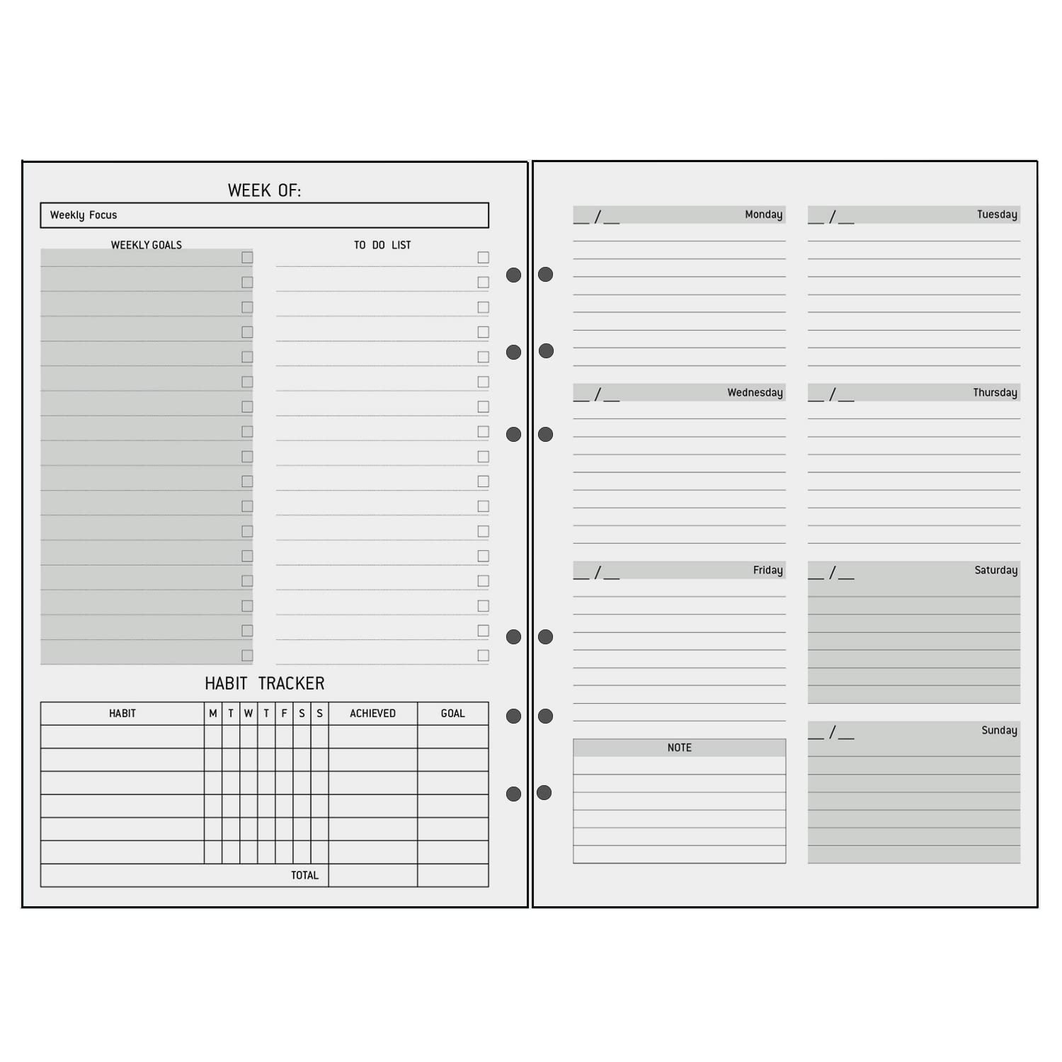 Undated A5 Diary Week to View Refill - 1 Week on 2 Pages, Section with To Do List, Goals & Habit Tracker, Extra Notes, Contact Pages, Weekly Planner Insert for A5 Binder, Thicker Paper 100 gsm, UK