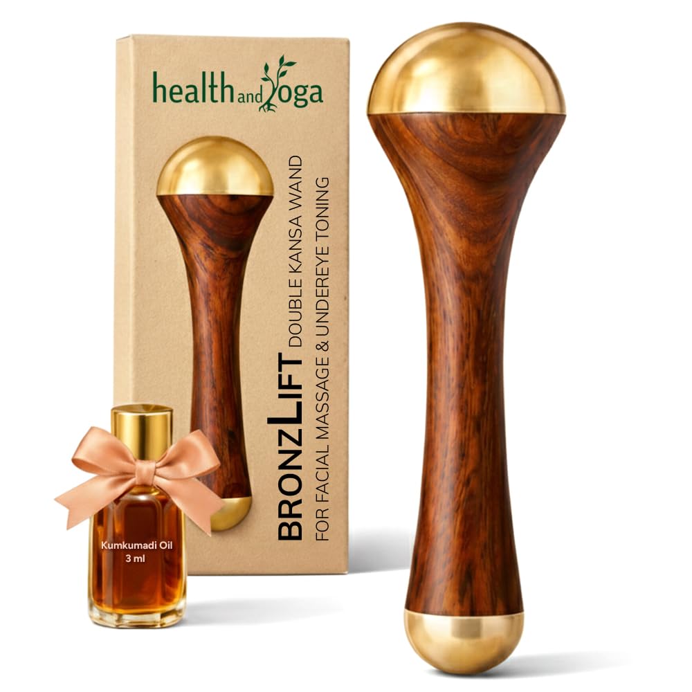 HealthAndYoga BronzLift Kansa Wand - Both Side Bronze Cap - Added Beauty Face Oil Vial - Ayurveda Face Yoga Beauty Tool - Facial, Neck & Under-Eye Massage – Toning and Sculpting (Two Dome)