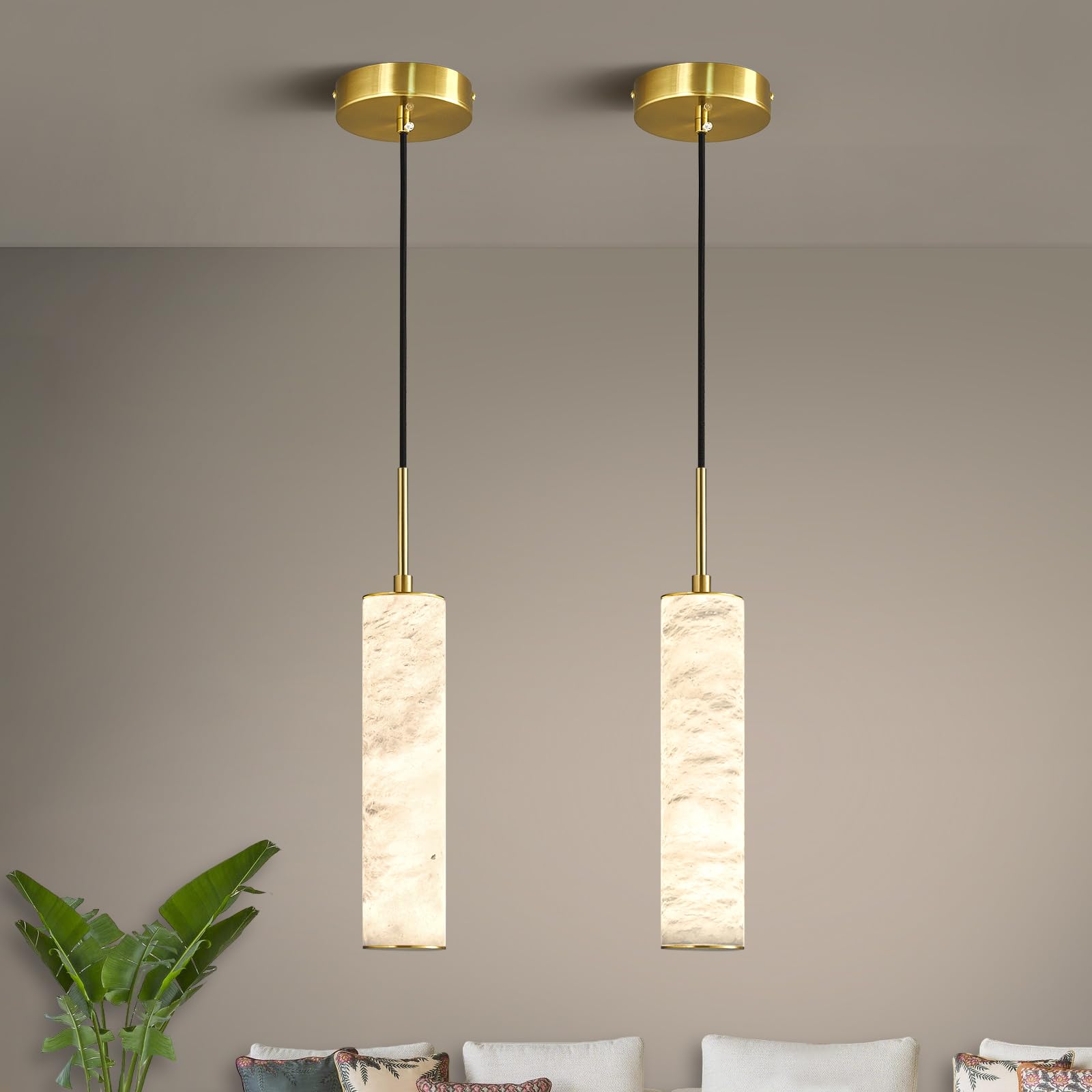 Photo 1 of LMQNINE Natural Alabaster Pendant Lights for Kitchen Island White Marble Long Tube Chandelier Modern Gold Ceiling Light Fixtures for Bedroom Dining Room Table Living Room Hallway(S-2Pack)