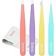 Tomata Tweezers for Eyebrows, Slant Tip and Pointed Eyebrow Tweezer Set Great Precision for Eyebrows Facial Hair, Ingrown Hair, Splinter, Blackhead and Tick Remover (4-piece) (Multi-color)