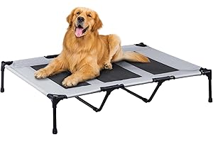 PRAISUN Outdoor Dog Bed, XL Dog Cot, Elevated Dog Bed, Pet Bed with Oxford Fabric, Textilene Mesh, Carrying Bag, Cooling, for Indoors, Outdoors, Beach, Silver Gray