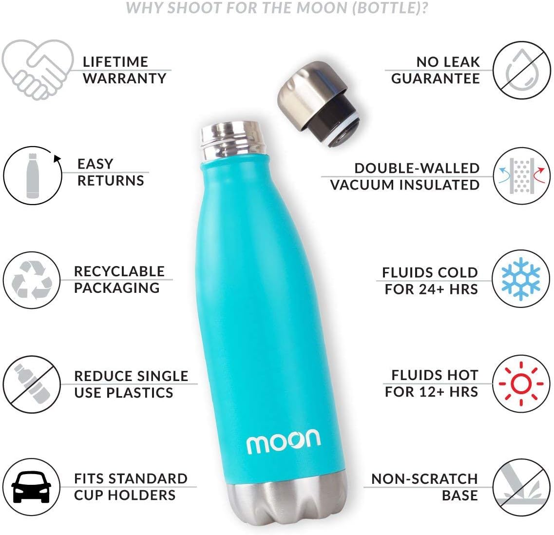 Moon Bottles, Insulated Water Bottle that Lasts Forever, 18/8 Stainless Steel Vacuum Flask, Double Walled Drink Bottle - Image 4