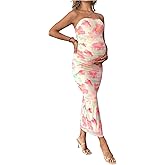 Milumia Women's Maternity Floral Mesh Strapless Tube Dress Sexy Split Thigh Bodycon Maxi Dress