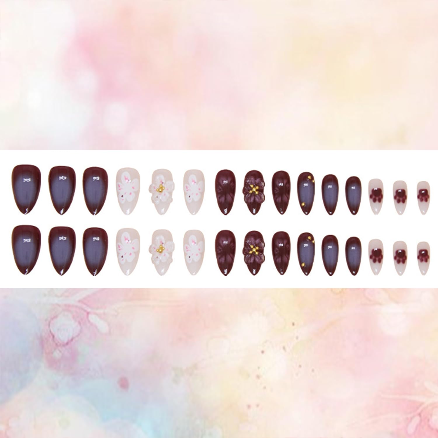 Press on Nails Medium Almond Shaped 3D Flower False Nails with Gold Pearl Design Brown Acrylic Nails Smudge Fake Nails Full Cover Coffin Nails Reusable Glue on Nails for Women 30Pcs - Image 2