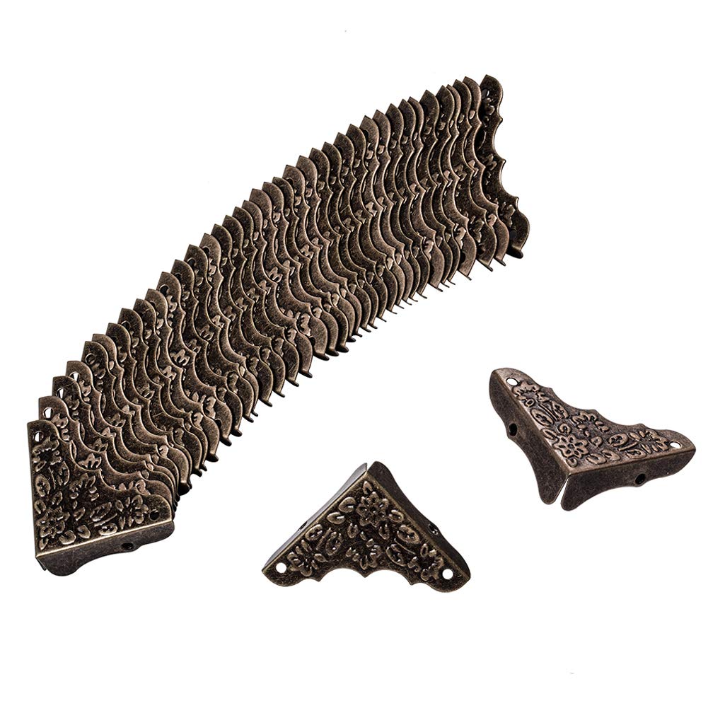 INCREWAY 20Pcs Box Edge Cover, 37x37x12mm Metal Furniture Corners Protector Antique Decorative Triangle Carved Guards with Screws for Case Table Desk Wooden Box