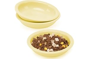 CEEFU Thicker Ceramic Cat Food and Water Bowls 3 PCS, Whisker Stress Free Cat Dishes, Relieves Fatigue, Shallow Pet Food Dish for Cats Puppy, Yellow