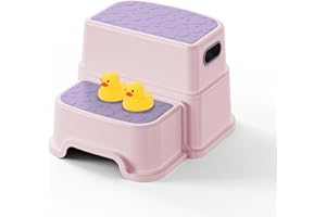 UNCLE WU Toddler Step Stool for Kids - Non-Slip 2 Step Stool for Potty Training & Bathroom Sink, Dual Height 9.5", Sturdy Safety Nursery Stool for Kitchen & Toilet (Includes 2 Ducks)