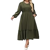Hanna Nikole Women Plus Size Long Sleeve Casual Dress 2026 Spring V Neck Pleated Flowy Tiered Maxi Dresses with Pockets