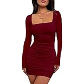 BORIFLORS Women's Sexy Ruched Bodycon Mini Dress Mesh Long Sleeve Club Party Short Dresses