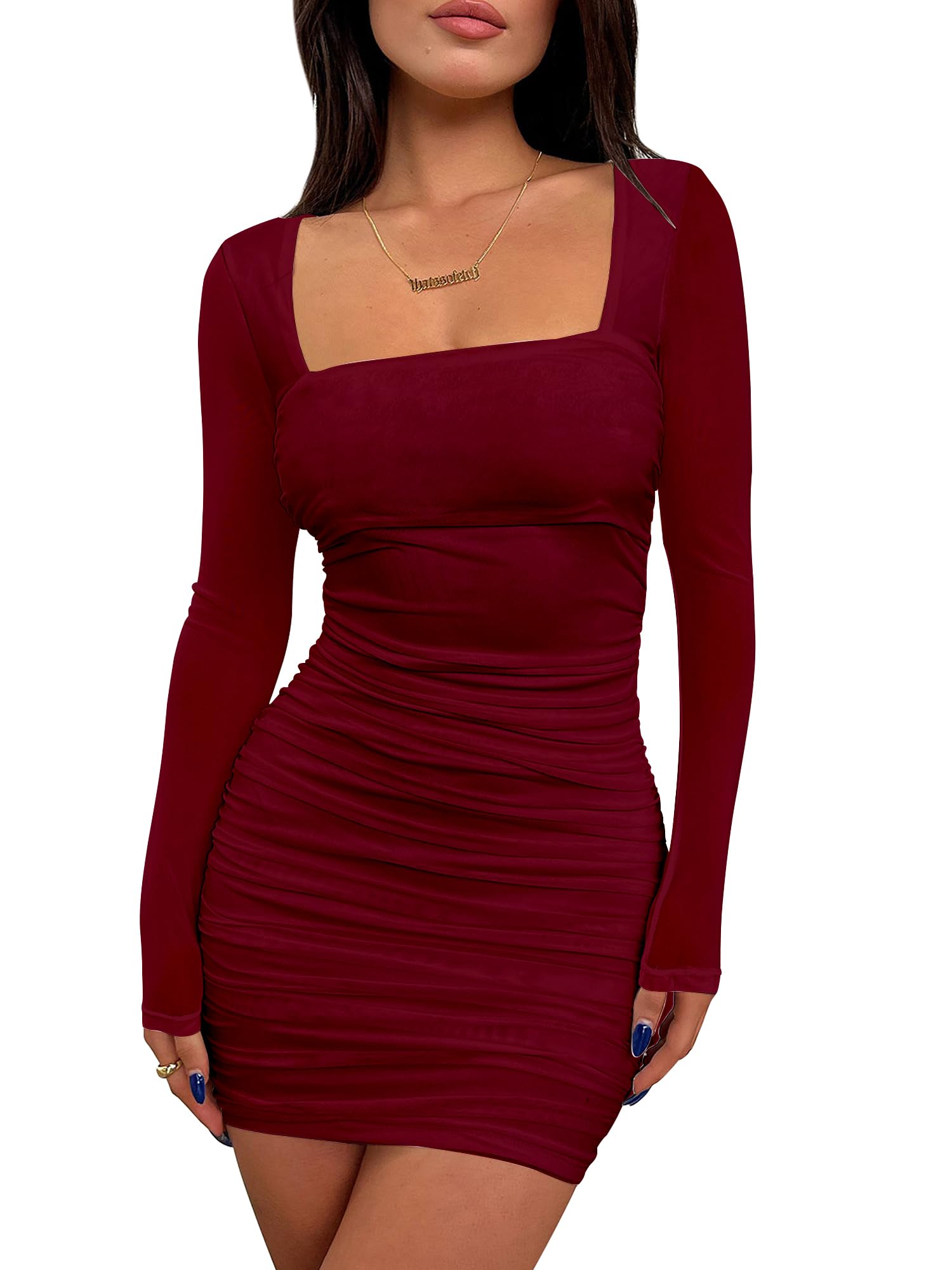 Photo 1 of BORIFLORS Women's Sexy Ruched Bodycon Mini Dress Mesh Long Sleeve Club Party Short Dresses, X-Large, Wine Red