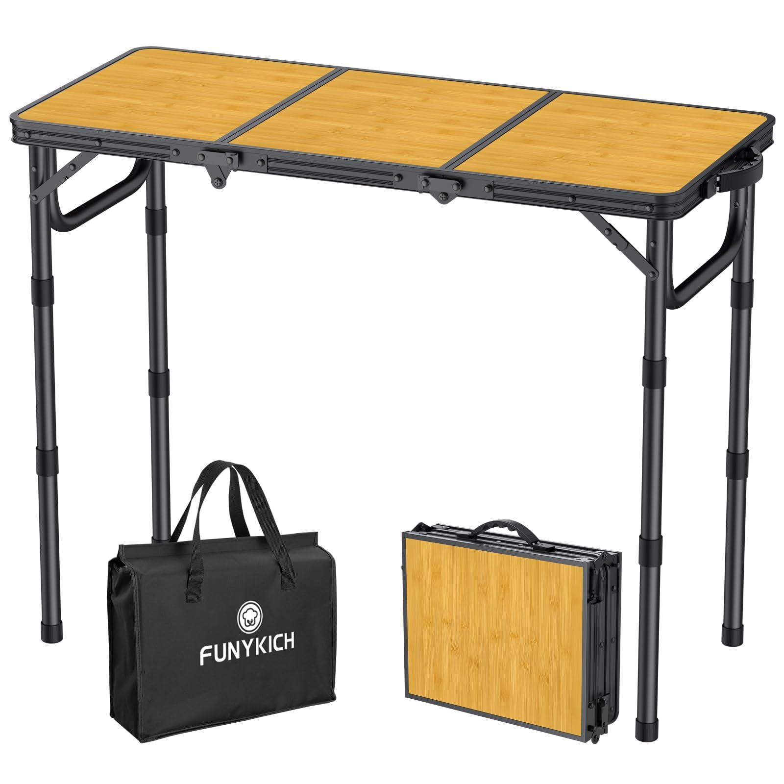 Photo 1 of FUNYKICH 3ft Camping Folding Table with 3 Adjustable Height, Portable Picnic Tables, 34.2'' Lx15.7'' W Lightweight Aluminum Outdoor Table with Carry Handle for Camping, Picnic, Backyard, BBQ-Black