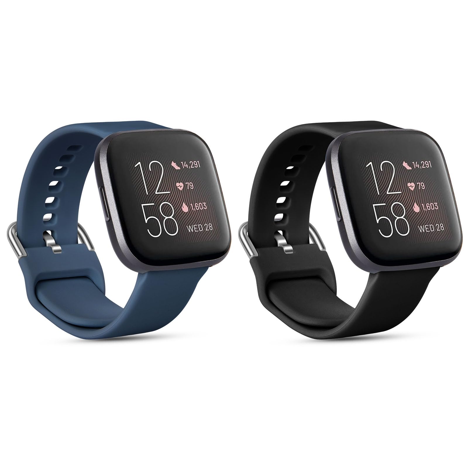 AXFEE Silicone Classic Strap Compatible with Fitbit Versa 2/Versa/Lite/SE, Standard Watch Band, Black+Navy Blue, Small, 110mm, 4 Count