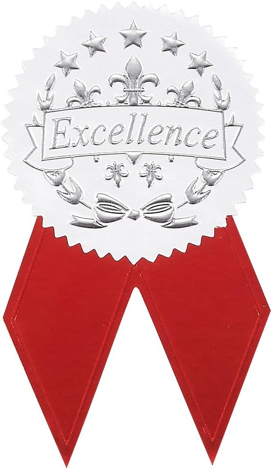 Award Stickers 48 Silver Certificate Seals with 48 Red Ribbon Shaped