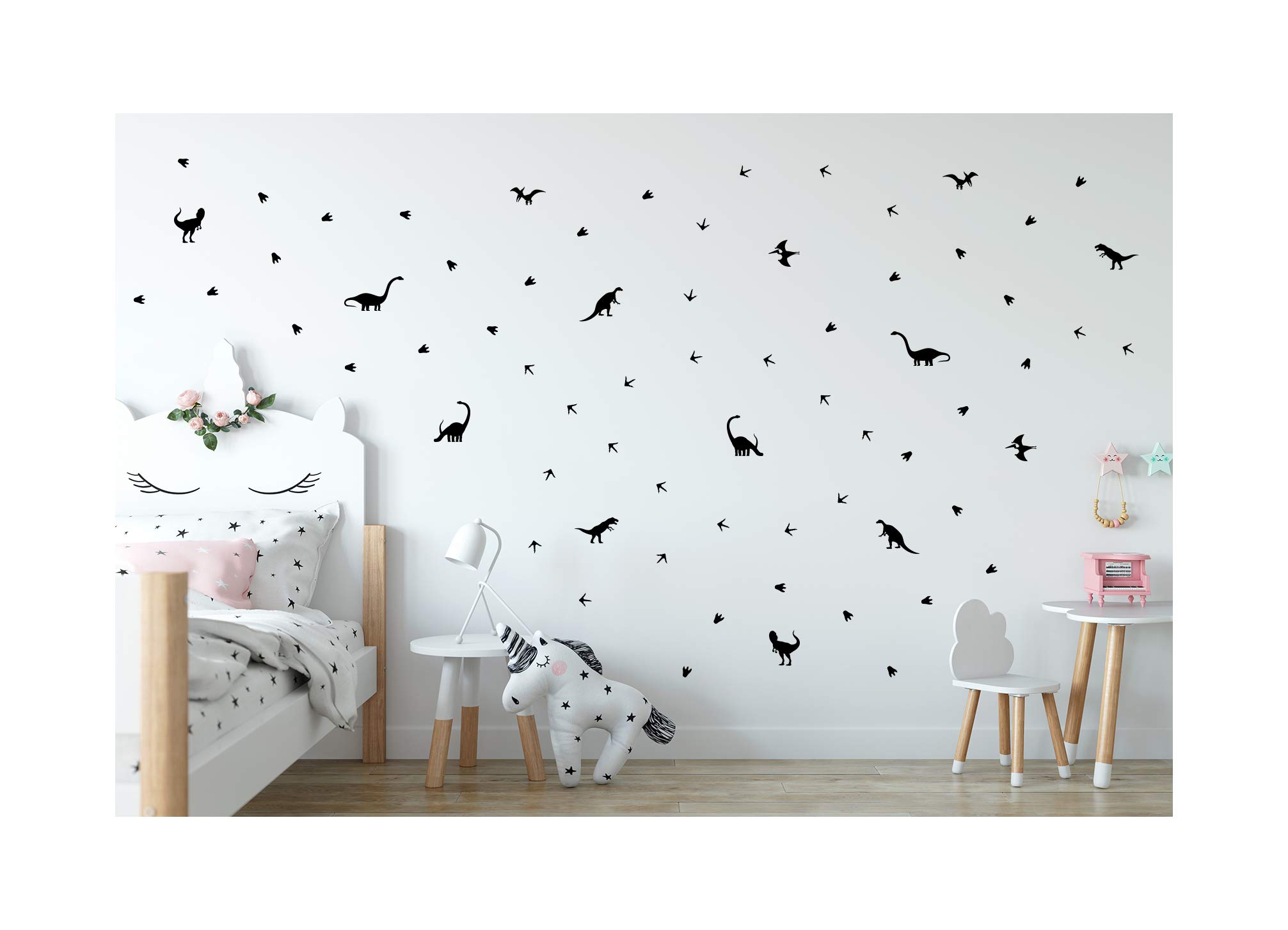 StickerDeen | Dinosaurs Vinyl Decal Wall Sticker Mural - Kids Children Boys Girls Teenager Teens Bedroom, Room Ideas Home Decor (Pack of 65) (Black)
