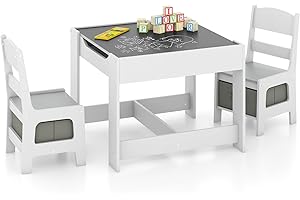 KOTEK Kids Wood Table and 2 Chairs Set with Blackboard & Storage Space, Children Multi Activity Table for Toddlers Learning, 