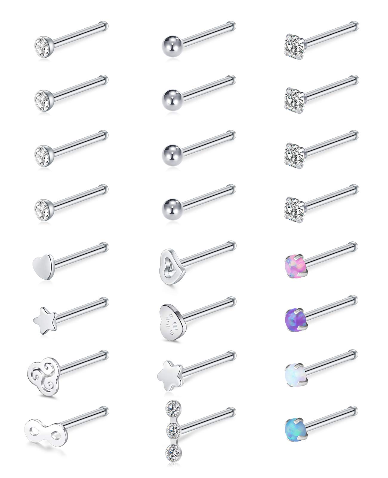 AceFun Nose Studs nose piercing straight 20G Set Surgical Steel 7mm Nose Bone Pin Nostril Piercing with CZ Opal Top 24Pcs straight nose piercings