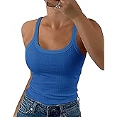 GEMBERA Women Spaghetti Strap Scoop Neck Ribbed Tank Tops Slim Fitted Cotton Camisole Basic Sleeveless Layering Shirts