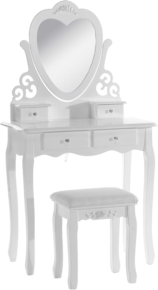 WOLTU Dressing Table,Wood Dressing Table with Chair and Mirror, Bedroom Furniture for Girls, 4