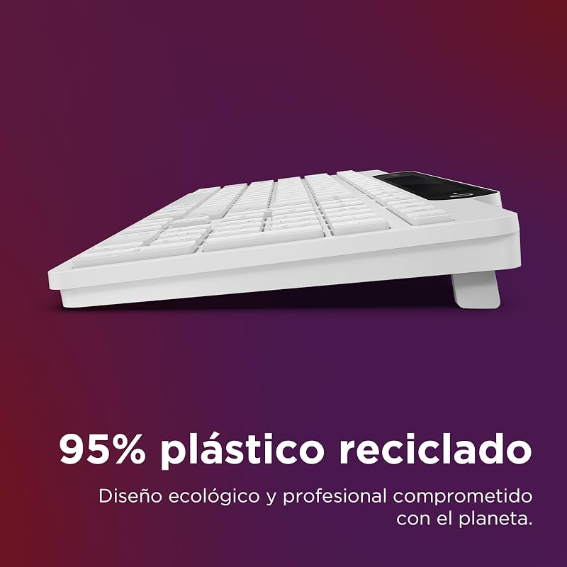 Teclado Bluetooth 800 com carregamento automático, recarga com luz ambiente, ligação para até 3 dispositivos, teclas silenciosas e plástico reciclado – branco