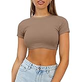 Haochic Womens Crop Tops Crewneck Y2K Summer T-Shirt Basic Short Sleeve Fitted Knit Ribbed Casual Blouse Cute Tee Shirt