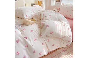 Koudi Pink Bow Duvet Cover Full Princess Style Bowknot Bedding Set Teen Girls Cute Love Heart Bedding Set Soft Breathable Mic