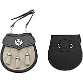 SZCO Medieval Sporran 8 Inch - White Cowhide Leather Pouch with 3 Tassels - Scottish Kilt Sporran with Chain Belt for Men - Medieval Bag for Costume & Renaissance Accessories