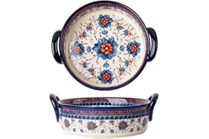 Bicuzat Blue and Orange Flower Vintage Style Ceramic Bakeware Casserole Lasagna Pans Baking Dish with Handles for Oven/Cooking/Kitchen-1 PCS-32 OZ
