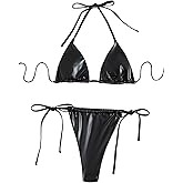 SEGT Women's Sexy Thong Bikini Set PU Leather 2 Piece Halter Swimsuit Triangle String Bikini