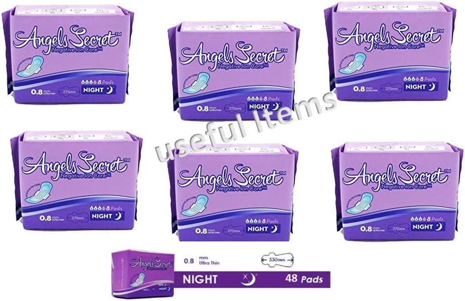 Angels Secret - Sanitary Napkins with wings - Night use 8 pads - Ultra pack of 6 : Total of 48 pads