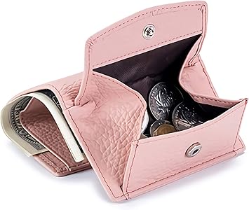 Amazon Exclusiff 3つ折り財布 本革 かわいい おしゃれ シボ加工 スキミング防止機能 Rfid 付 札入れ カード入れ 小銭入れ 中学生 高校生 コインケース 人気 ミニ財布 シンプル ボタン式小銭入れ 超コンパクト プレゼント 三つ折り財布 男女兼用 ピンク