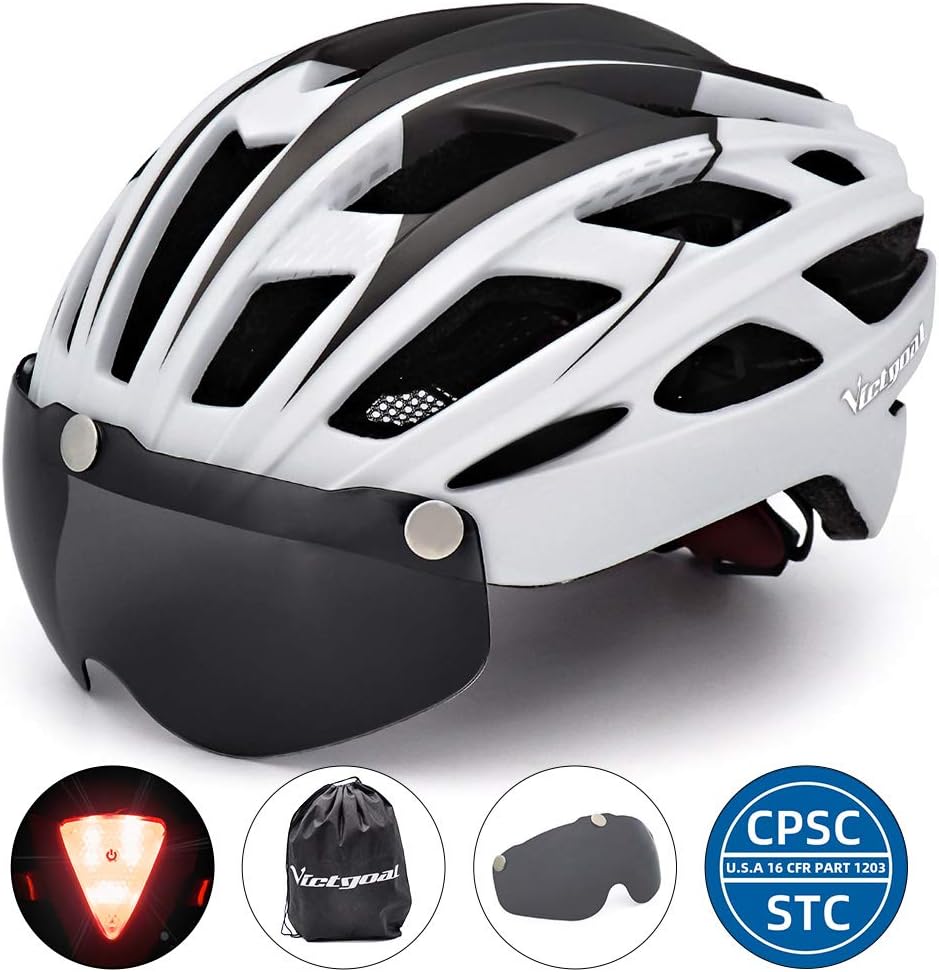 VICTGOAL Bike Helmet Detachable Goggles Visor Safety Red Led