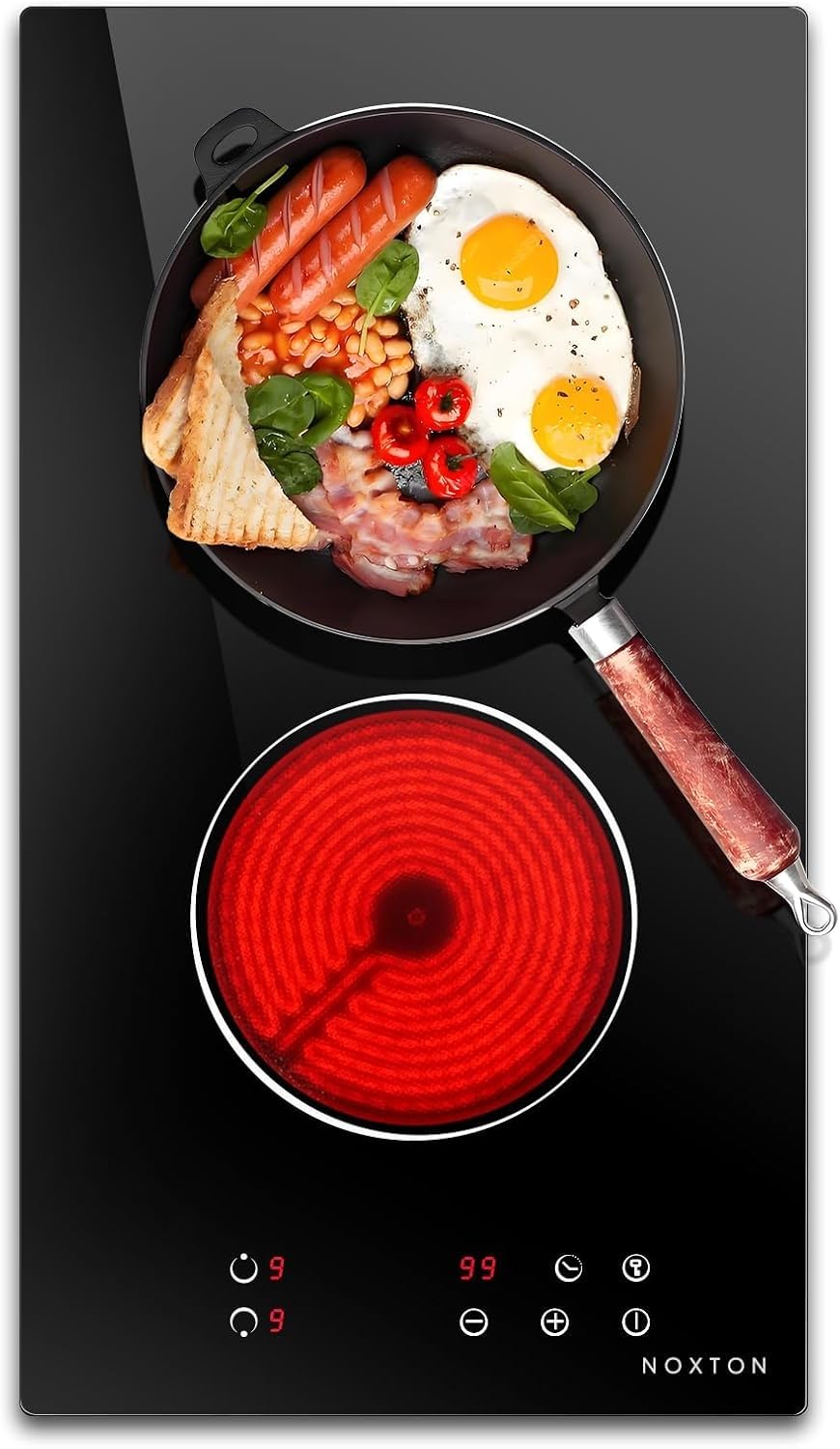 Noxton Ceramic Hob, Built-in 2 Zone Electric Hobs 29 x 52cm Noise-free Auto Shut-off Safe Lock Heat Indicator Black Glass Panel Cooktop with Touch Controls