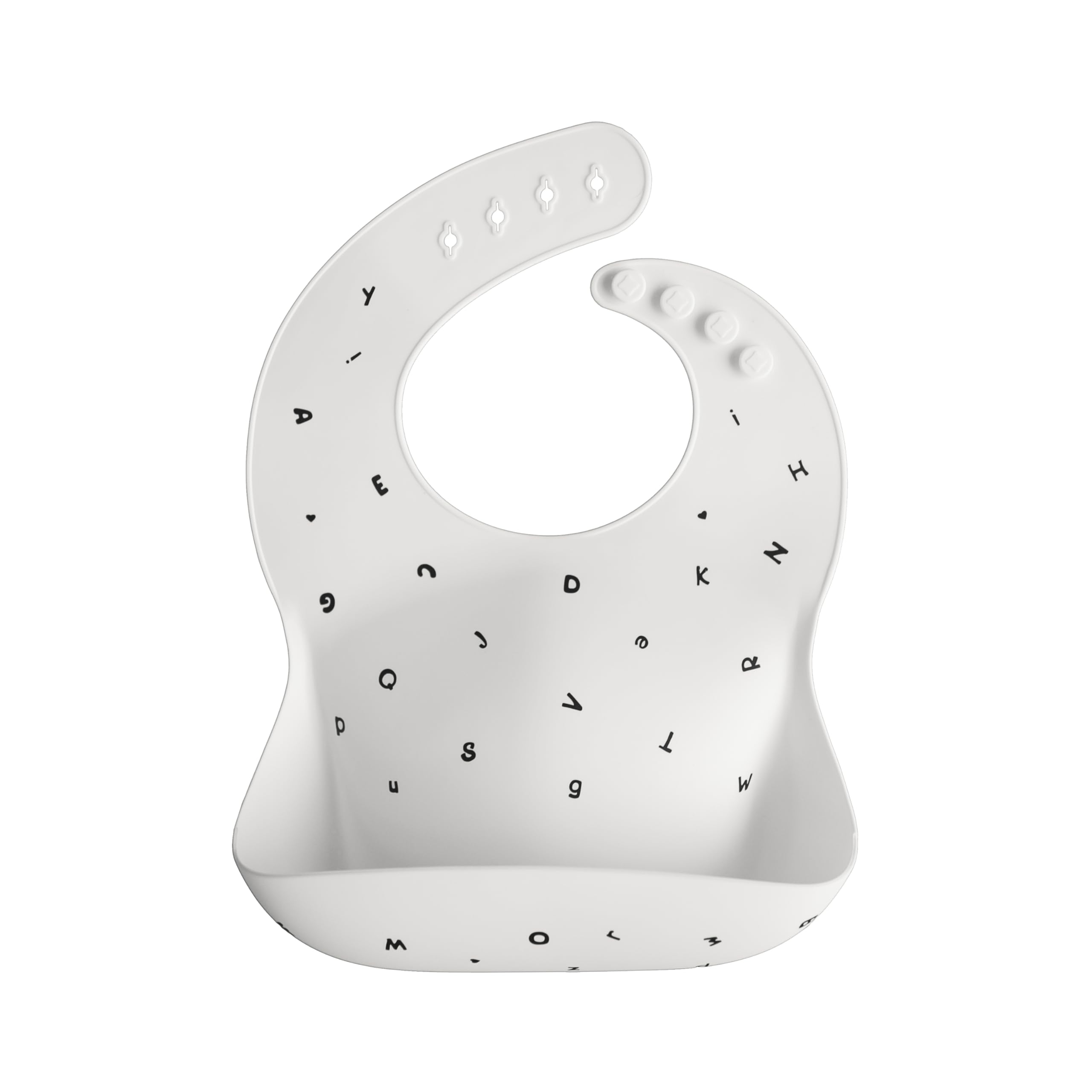 Mushie Baby Silicone Bib | Adjustable Fit Waterproof Bibs | Easy Wipe Baby Feeding Bibs | 4 Adjustable Sizes with Deep Front Pockets | 100% BPA and Phthalate Free (White Letters)