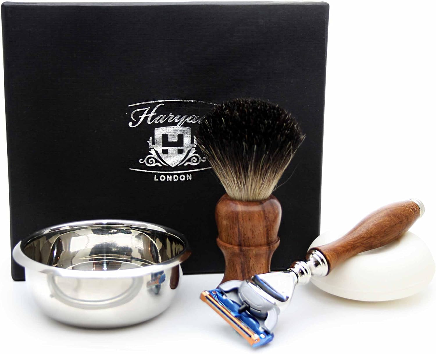 Haryali London, 4Pcs Mens Shaving Kit with 5 Edge Razor, Badger Hair Shaving Brush, Shaving Bowl and Soap, Mens Grooming Accessories for Classic Wet Shave
